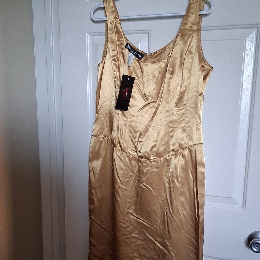 Satin Sleeveless Midi Dress in Gold